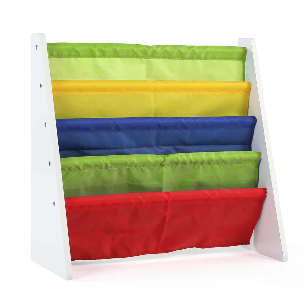 White and Primary Fabric Sling Kids Book Rack