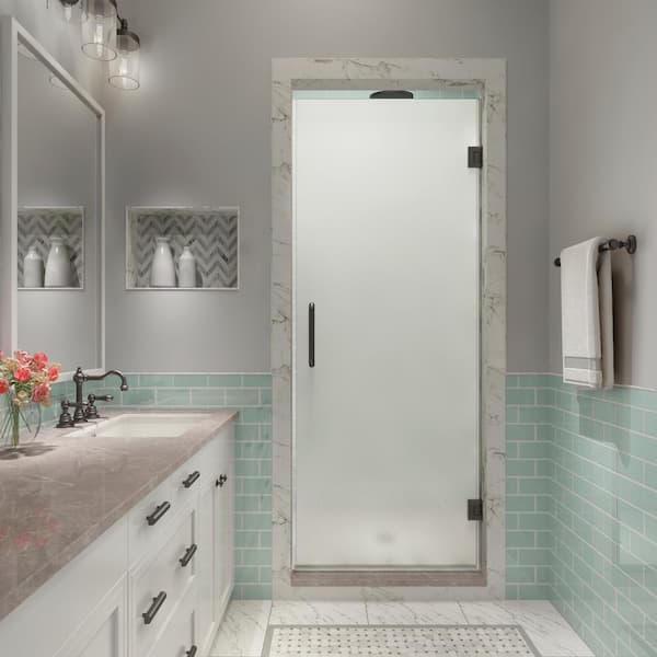 Aston Kinkade XL 30.25 in. - 30.75 in. x 80 in. Frameless Hinged Shower Door with Ultra-Bright Frosted Glass in Bronze