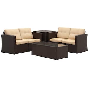 6-Piece Metal Brown Wicker Patio Conversation Set with Deck Box and Beige Cushion