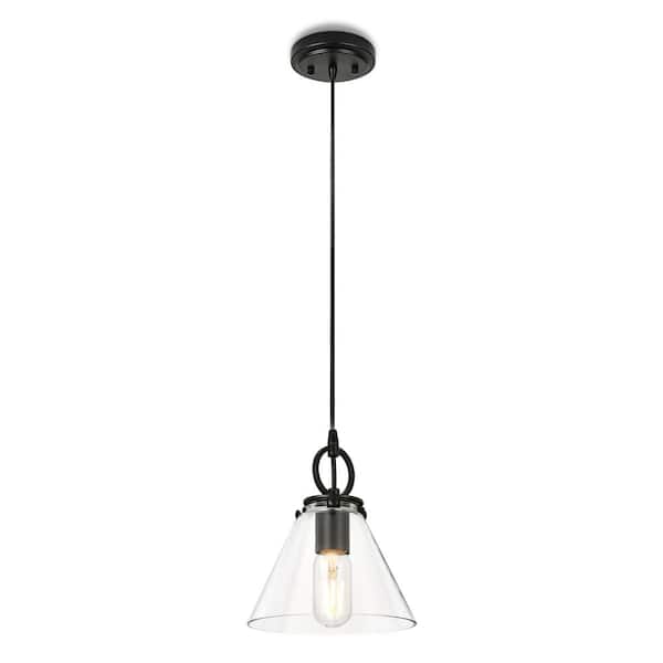 Henveton Jasslynn 60 Watt 1 Light Black Industrial Pendant Light with Clear Cone Glass Shade for Dining Room, Kitchen