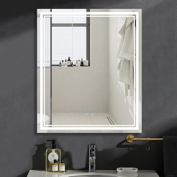 WELLFOR 30 in. W x 36 in. H Rectangular Frameless Wall Mounted LED Anti-Fog Bathroom Vanity Mirror in Silver