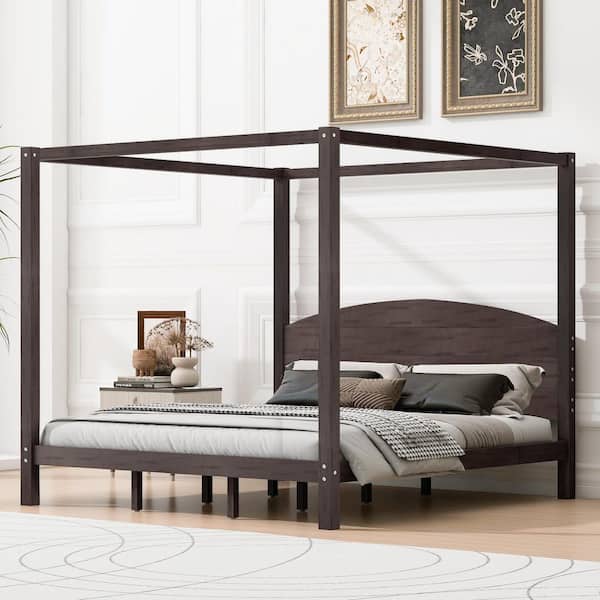 Brown Wood Frame King Size Platform Bed with Headboard and Support Legs