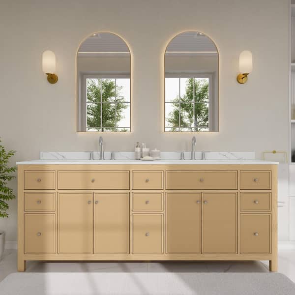 Pendry 84 in. Double Freestanding Tanned Oak Bath Vanity with Giotto Quartz Top Assembled