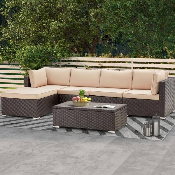 Zeus & Ruta 6-Pieces Wicker Outdoor Sectional Sofa Hand Woven Wicker Patio Conversation Set with Coffee Table Khaki Cushions