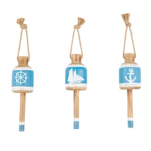Wooden Blue Anchor, Sailboat, and Ship Wheel Buoy Wall Art with Hanging Rope Set of 3