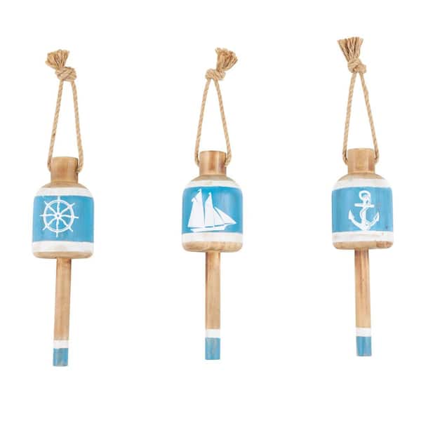 Litton Lane Wooden Blue Anchor, Sailboat, and Ship Wheel Buoy Wall Art with Hanging Rope Set of 3