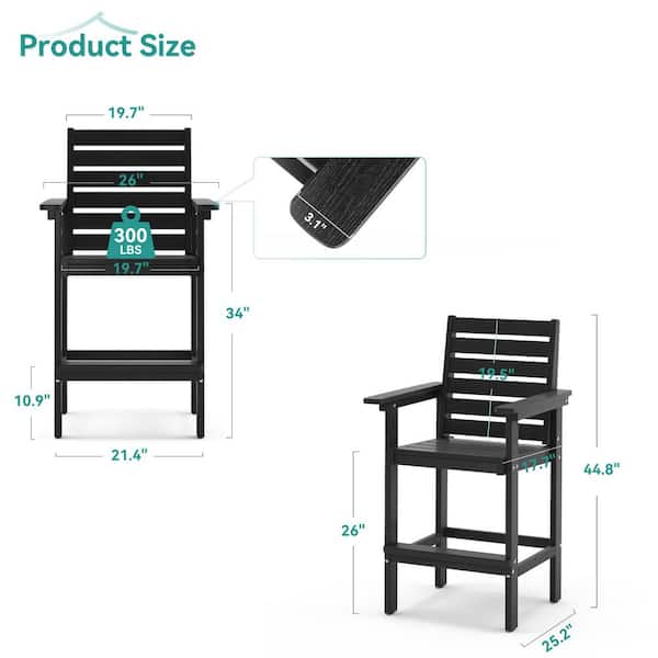 LUE BONA Black Plastic HDPE Outdoor Bar Stool with Arms (2