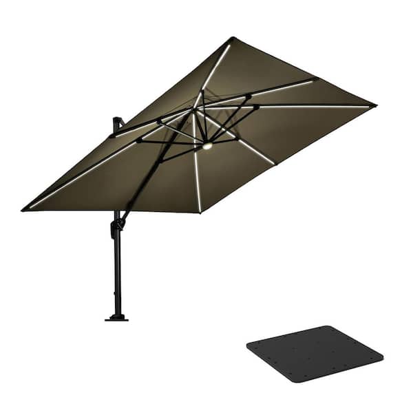 PURPLE LEAF 10 ft. Square Aluminum Cantilever Solar Powered LED Offset 360° Rotation Umbrella with Base Plate, Beige