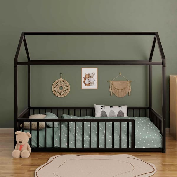Black Metal Frame Twin Platform Bed with Fence for Kids and Toddlers