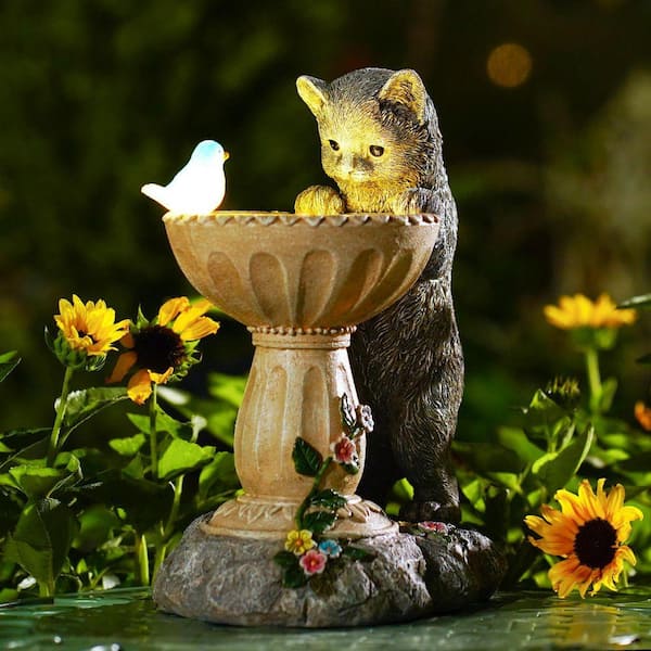 10 in. Gray Solar Cat Bird Feeder-Resin Outdoor Statues Outdoor Automatic Solar Birdbath for Garden Yard