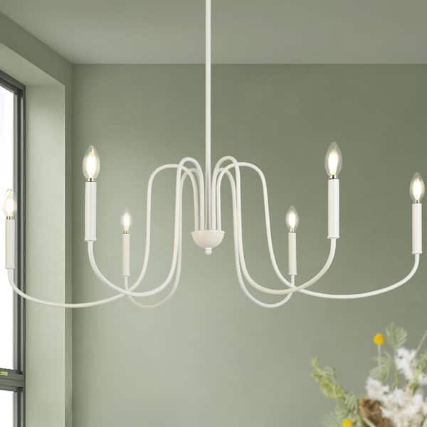 French Country 39.8 in. 6-Light White Candlestick Metal Chandelier with Linear Down Rods for Dining Room Kitchen Island