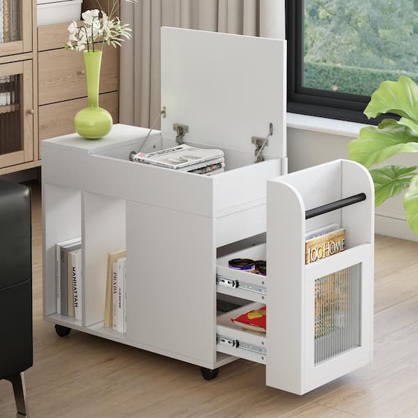 Harper & Bright Designs Movable 29.1 in. White Rectangle Wood End Table Side Table with Tempered Glass Door, 2-Shelves, 2-Drawers, Flip-Top Box