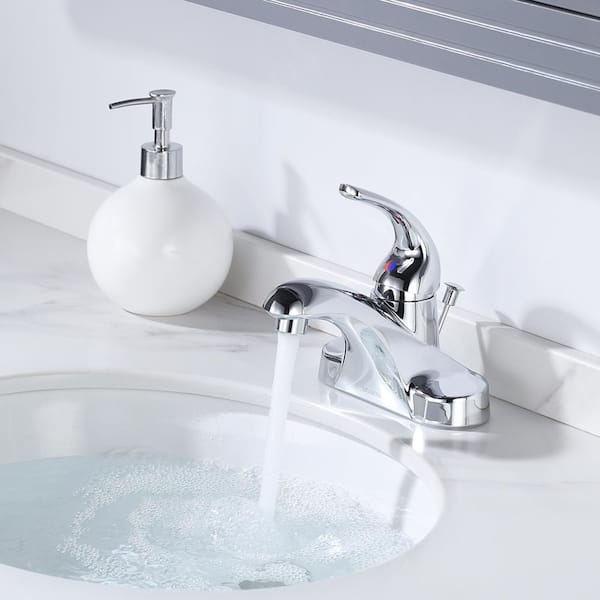 4 in. Centerset Single-Handle Low Arc Bathroom Faucet with Drain Kit Included in Polished Chrome