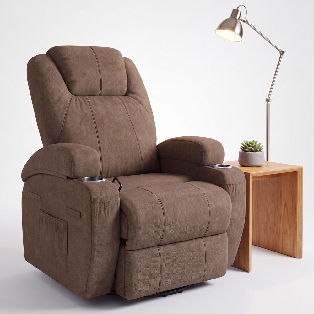 Brown Terry Cloth 360° Swivel Rocker Recliner Chair w/ 8-Point Massage and Cup Holders for Living Room and Home Theater