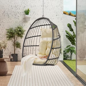Wicker Wood Porch Swing Outdoor Indoor Garden Rattan Egg Swing Chair Hanging Chair with Khaki Cushions
