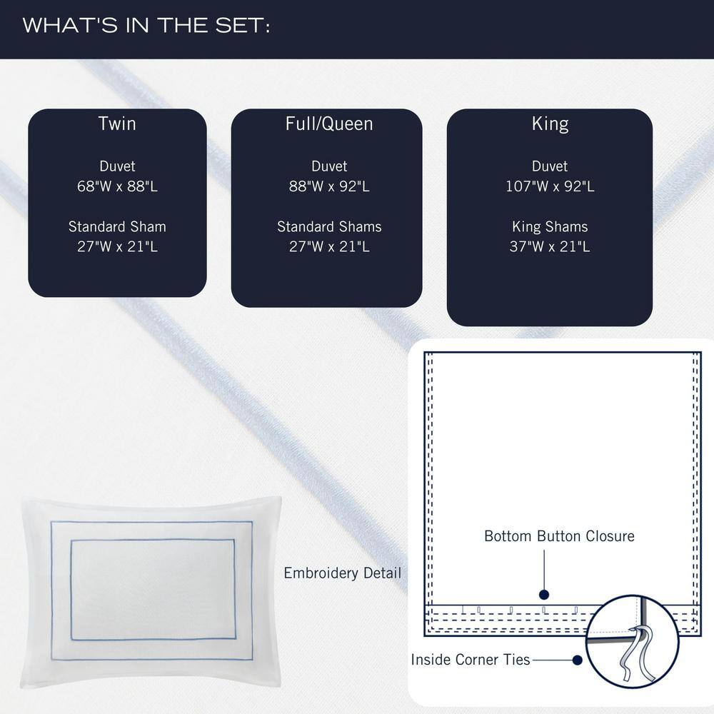 White Cotton Queen Duvet Cover Set with Blue Embroidery