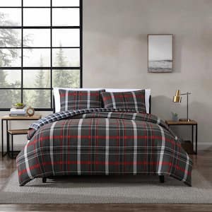 Willow Plaid 3-Piece Grey Microsuede Full/Queen Duvet Cover Set