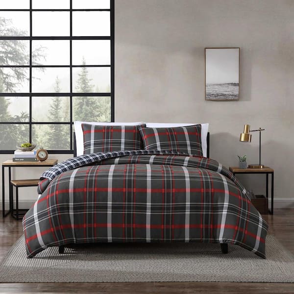 Eddie Bauer Willow Plaid 3-Piece Grey Microsuede Full/Queen Duvet Cover Set