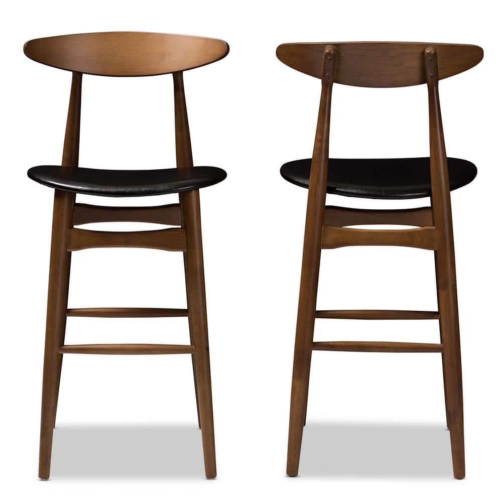 Set of 2 Walnut & Black Leather Mid-Century Barstools