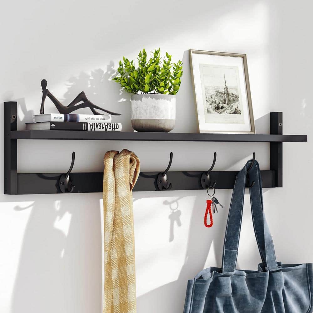 Angel Sar 28.9 in. Black Wall-Mounted Coat Rack with Wood Shelf and 5 ...