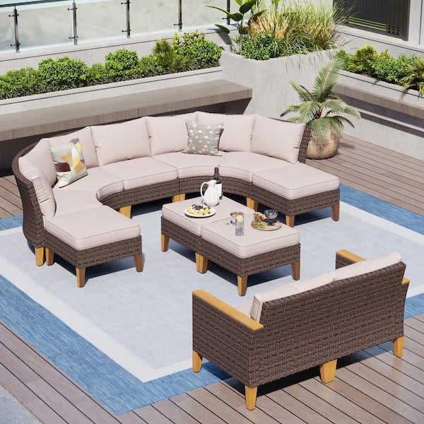 PHI VILLA Brown Rattan Wicker 11 Seat 11-Piece Steel Outdoor Patio Conversation Set with Beige Cushions