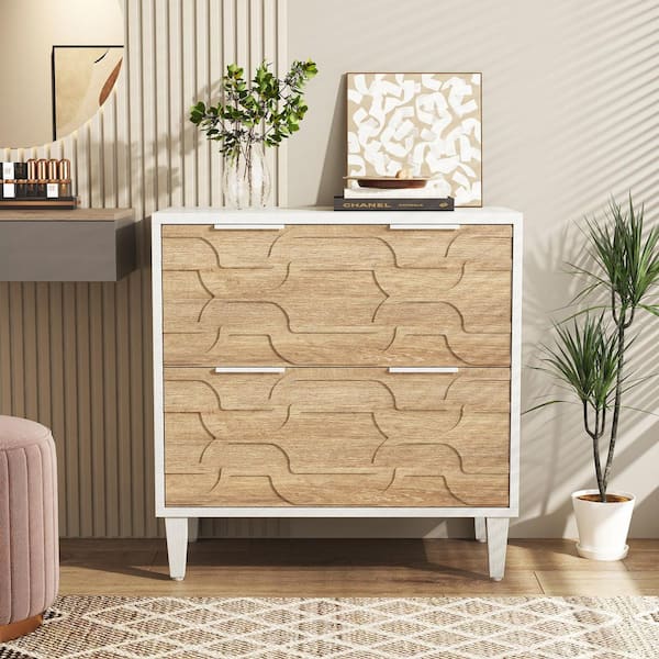 BYBLIGHT Atencio Walnut White Wood 31.5 in. Vertical Simple Modern Industrial File Cabinet Printer Stand 2-Drawer Freestanding