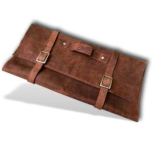 Large Double Buckle Leather Handmade Knife Roll with 11 Pockets