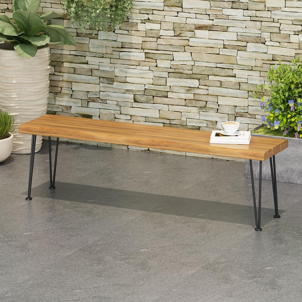 Rustic Teak and Black Iron 62" Hairpin Leg Bench