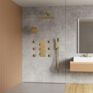 Thermostatic Triple Handles 8-Spray Dual Shower Head Shower Faucet with 6-Jets 2.5 GPM in Brushed Gold(Valve Included)