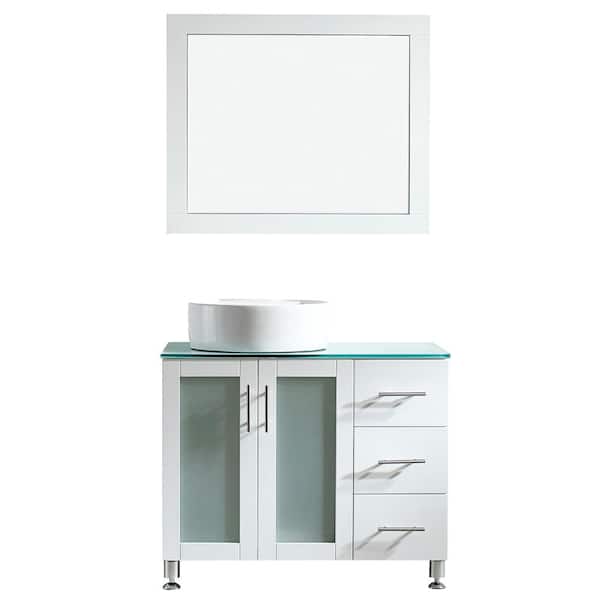 ROSWELL Tuscany 36 in. W x 22 in. D x 30 in. H Vanity in White with Glass Vanity Top in Aqua Green with Basin and Mirror
