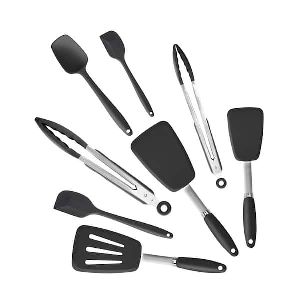 Black Silicone Kitchen Spatulas Tongs Turners Set High Heat Resistant Nonstick Utensils BPA Free Dishwasher Safe