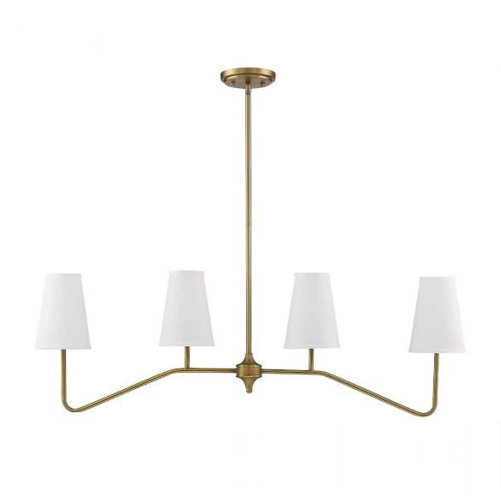 Natural Brass 4-Light Linear Chandelier with White Fabric Shades