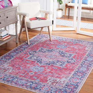 Serapi Red/Navy Doormat 3 ft. x 5 ft. Machine Washable Distressed Medallion Area Rug