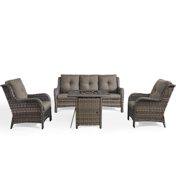 4-Piece Fire Pit Table Patio Sets Wicker Patio Conversation Set with Lounge Chair Gray Cushions