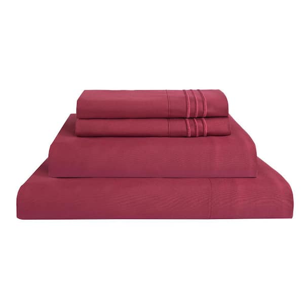 4 Piece Burgundy Microfiber Queen Bed Sheet Set