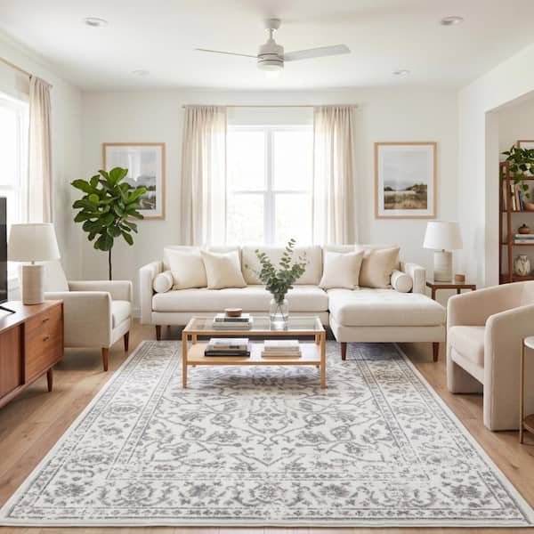 Alpine 9 x 12 Light Gray Bordered Pattern Area Rug for High Traffic Living Room Dining Room Bedroom