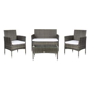 Abdul Gray/Brown 4-Piece Wicker Patio Conversation Set with White Cushions