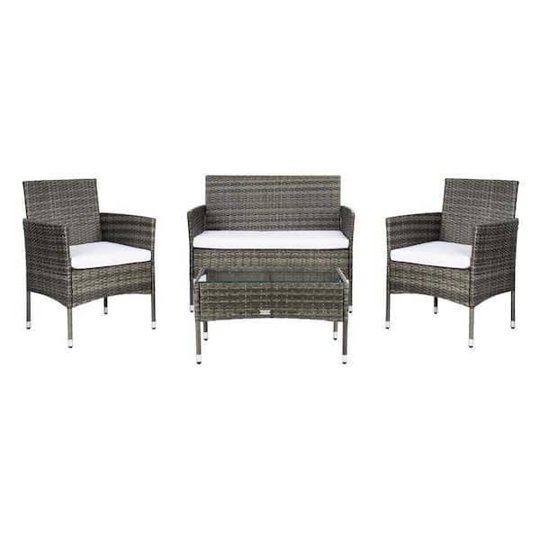 SAFAVIEH Abdul Gray/Brown 4-Piece Wicker Patio Conversation Set with White Cushions