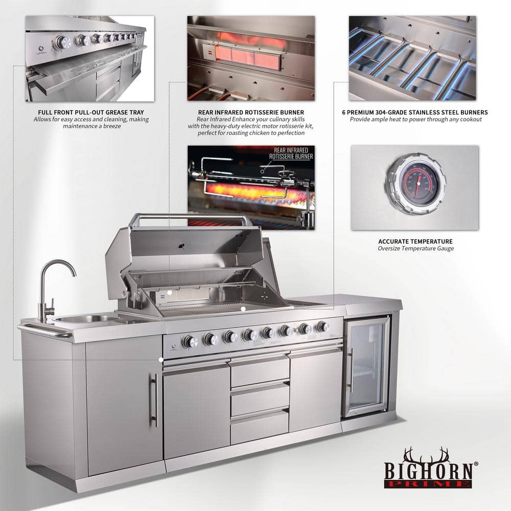 Stainless Steel 6-Burner Propane Grill Island with Rotisserie and Refrigerator