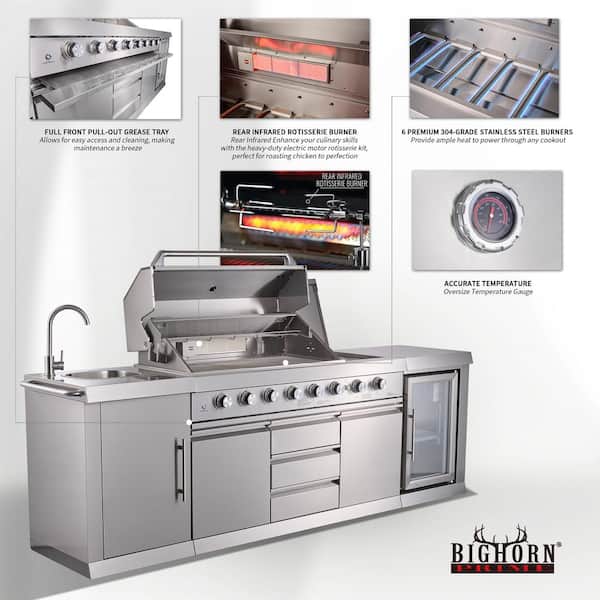 6-Burner Propane Gas Grill Island with Rotisserie and Outdoor Rated Refrigerator and Sink in Stainless Steel