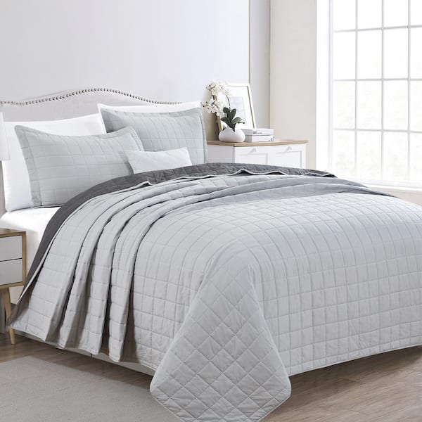 FRESHFOLDS Gray Two-Toned Reversible Box Stitched Full/Queen Microfiber 3-Piece Quilt Set Bedspread