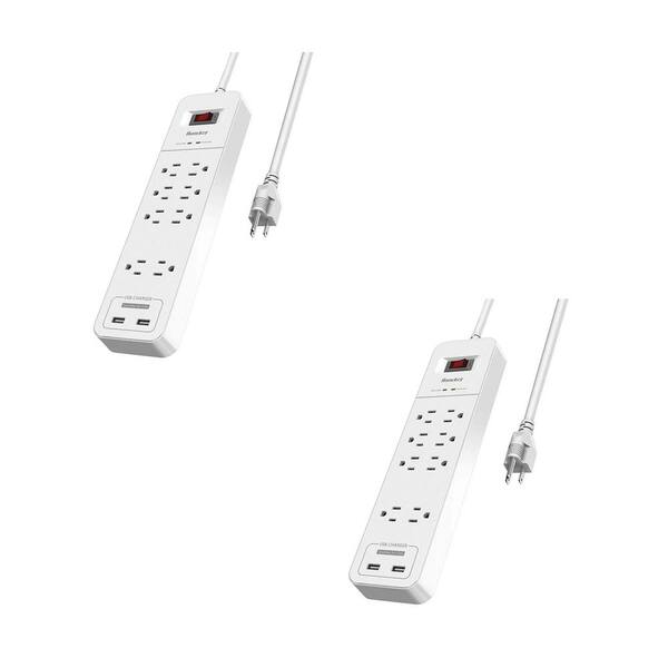 Huntkey Power Strip Surge Protector with Heavy-Duty Cord, 8-Sockets and 2 USB Ports in White (2-Pack)