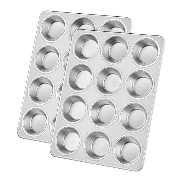 2 Pack 12-Cup Stainless Steel Muffin Pan Non-Toxic Metal Cupcake Tray Baking Tin Dishwasher Oven Safe