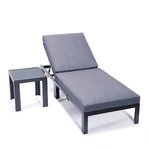 Chelsea Modern Black Aluminum Outdoor Patio Chaise Lounge Chair with Side Table and Blue Cushions