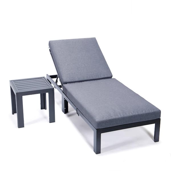 Leisuremod Chelsea Modern Black Aluminum Outdoor Patio Chaise Lounge Chair with Side Table and Blue Cushions