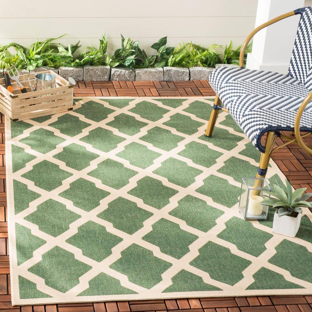 Green and Creme Geometric Indoor/Outdoor Square Rug