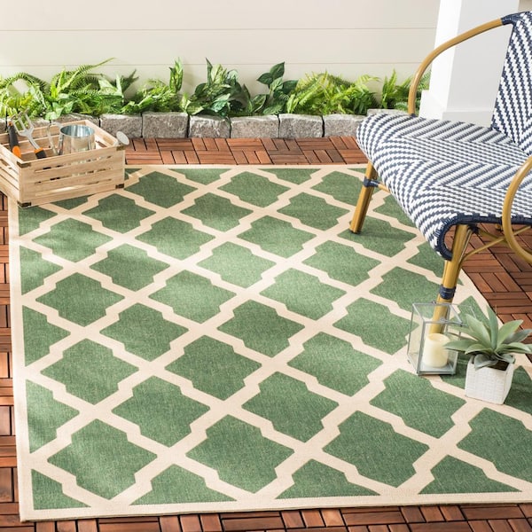 Beach House Green/Creme 7 ft. x 7 ft. Square Trellis Geometric Indoor/Outdoor Area Rug