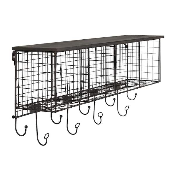 Linon Home Decor Decorah Black Metal 4-Cubby Wall Shelf with 9 Hooks