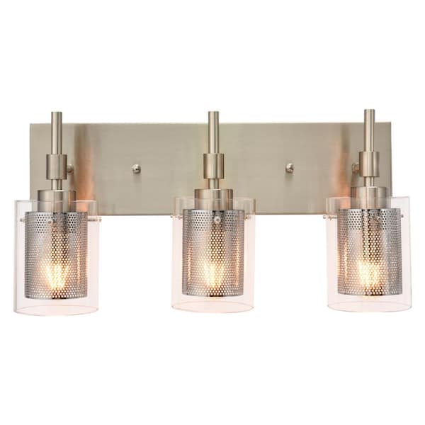 RRTYO Clyburn 19.3 in. 3-Light Nickel Vanity Light with Cylinder Clear Glass Shade