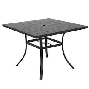 Square Aluminum Frame Outdoor Dining Table Woodgrain Tabletop Patio Side Table with Umbrella Hole